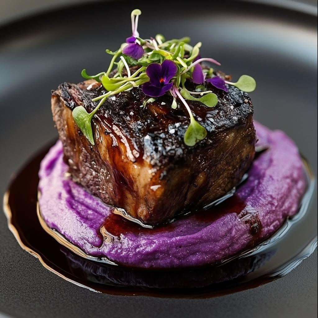 Slow-cooked meat served over purple potato purée