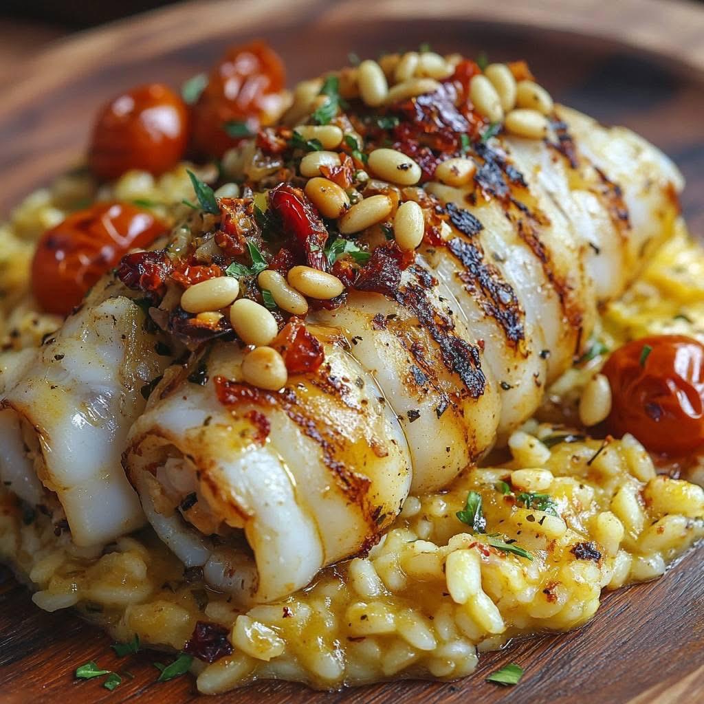 Grilled seafood with pine nuts and tomatoes