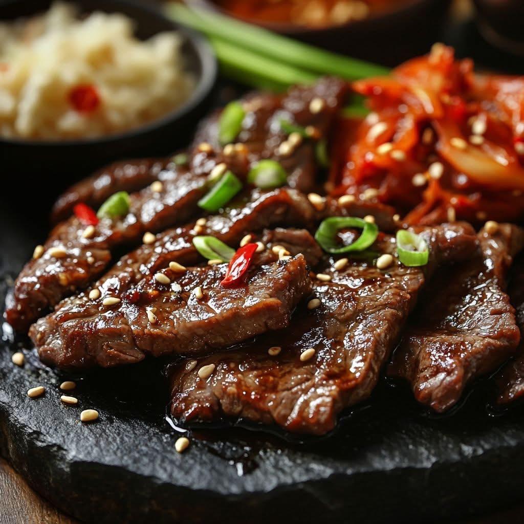 Korean-inspired glazed beef with sesame and chilli